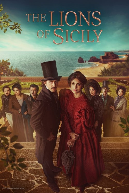 The poster features a dramatic scene with a man in a top hat and woman in red dress walking together, surrounded by other characters in period attire. The warm, golden hues of the sunset evoke a romantic and adventurous mood, capturing the essence of the show's historical setting.