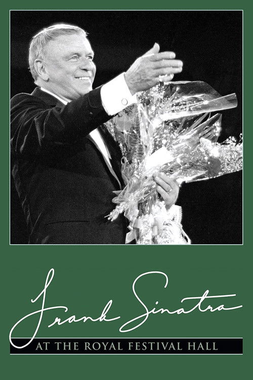 This black-and-white poster captures Sinatra in a moment of joy, holding a bouquet of flowers while gesturing with his hand. The dark background contrasts with the vibrant green border, emphasizing the celebratory mood. The elegant script and formal attire reflect the prestigious Royal Festival H...