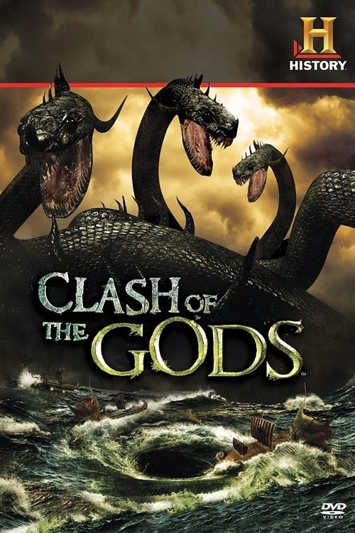 The poster features three menacing dragons with open mouths, their scales gleaming under a dramatic sky. The title "Clash of the Gods" is prominently displayed in bold, golden letters. The overall mood is intense and epic, with swirling dark clouds and turbulent water at the bottom, evoking a sen...