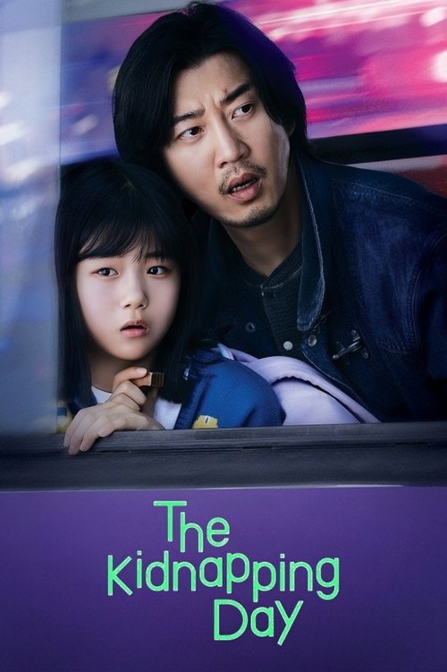 The poster features a young girl and a man leaning over a car window, their expressions conveying fear and urgency. The background is blurred with vibrant pink and purple hues, suggesting danger or urgency. The title "The Kidnapping Day" is prominently displayed in green text at the bottom, empha...