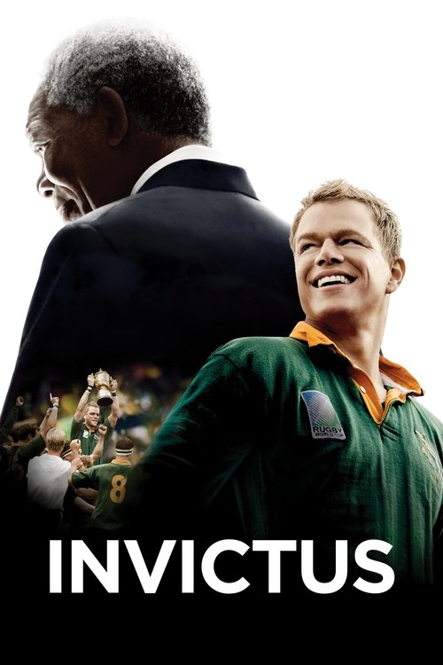 The poster features a powerful silhouette of a man in a suit against a white background, while a smiling man in a green jersey stands in the foreground. The bold title "INVICTUS" anchors the image, evoking themes of triumph and resilience.