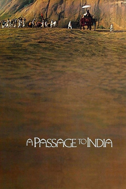 The poster features a serene landscape with people walking along a sandy path near a riverbank, evoking a sense of peaceful travel. The warm, earthy tones of the sand and water create a tranquil atmosphere, while the title "A Passage to India" adds a touch of mystery and intrigue.