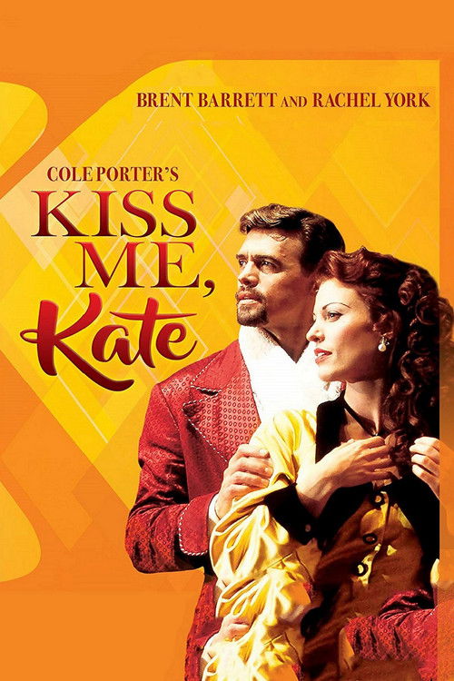 The poster features a romantic couple in a warm, golden-yellow background. The man wears a red jacket and the woman a yellow dress, creating a striking contrast. The title "Kiss Me, Kate" is prominently displayed in bold, elegant lettering. The overall mood is one of passion and romance.