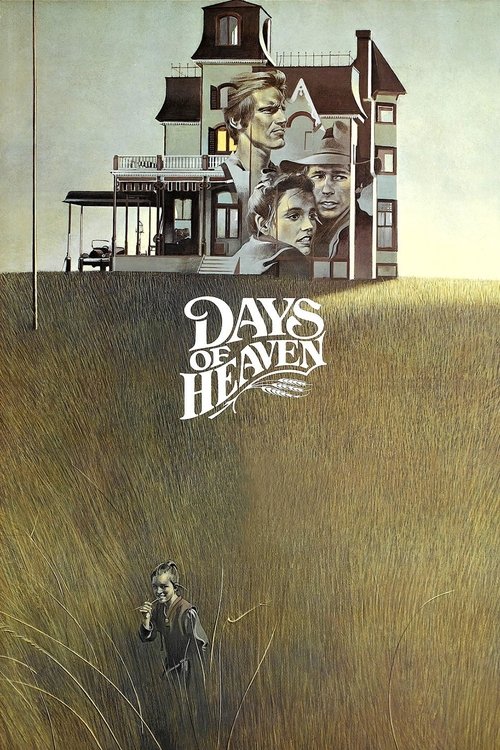 The poster features a hauntingly beautiful scene with a woman standing in tall grass, her gaze directed toward a dilapidated house that looms ominously in the background. The muted, sepia-toned palette evokes a sense of melancholy and foreboding, while the title "Days of Heaven" is elegantly disp...