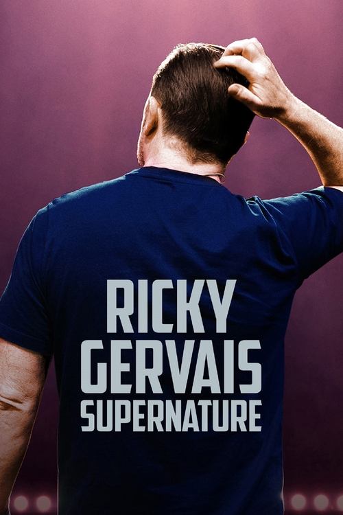 The poster features Ricky Gervais from behind, wearing a dark blue t-shirt with his name and title in bold white text. His hand is raised to his head, suggesting contemplation or stress. The background is a soft gradient of purple and pink hues, evoking a dreamy or surreal atmosphere. The overall...