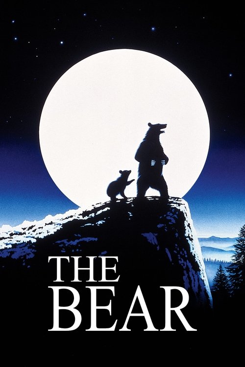 The poster features silhouettes of a wolf and a dog standing on a rocky peak under a vast, luminous full moon. The deep blue sky contrasts with the warm glow of the moon, creating a mysterious and serene atmosphere. The title "The Bear" is prominently displayed in bold white letters at the bottom.