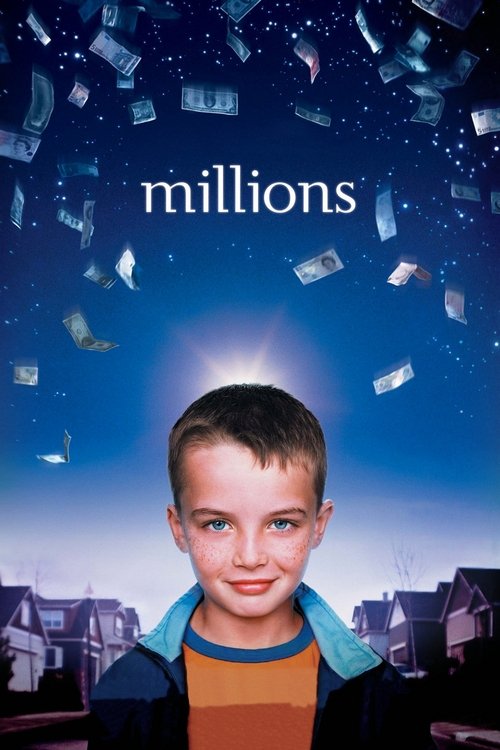 The poster features a young boy with a bright, hopeful expression against a starry night sky. Floating money and buildings suggest wealth and prosperity, while the warm glow of his face contrasts with the cool blue tones. The overall mood is one of optimism and aspiration.