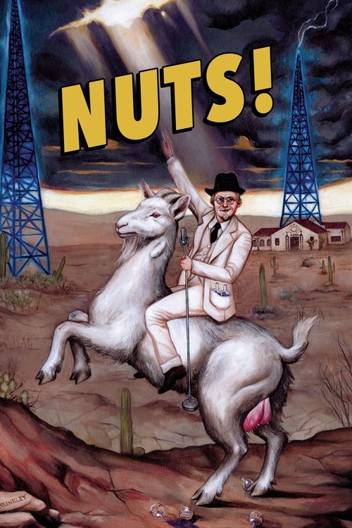 A cowboy rides a white horse through a desert landscape, holding a nut high in the air. The poster features a bright yellow "NUTS!" text against a dramatic sky with blue and orange clouds. The cowboy wears a hat and vest, while the horse has a pink nose. The mood is adventurous and humorous.