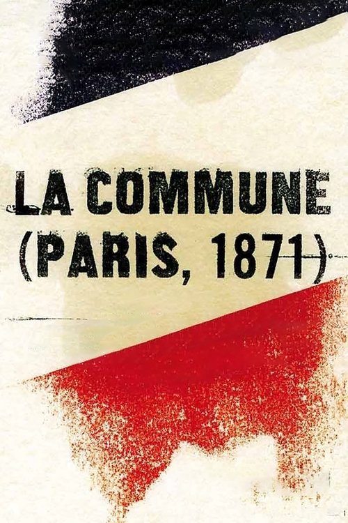 The poster features a bold, stylized design with a black and white diagonal stripe, evoking the French flag. The text "LA COMMUNE (PARIS, 1871)" is prominently displayed in a distressed, typographic font. The red and white lower section adds a sense of urgency and historical significance. The ove...