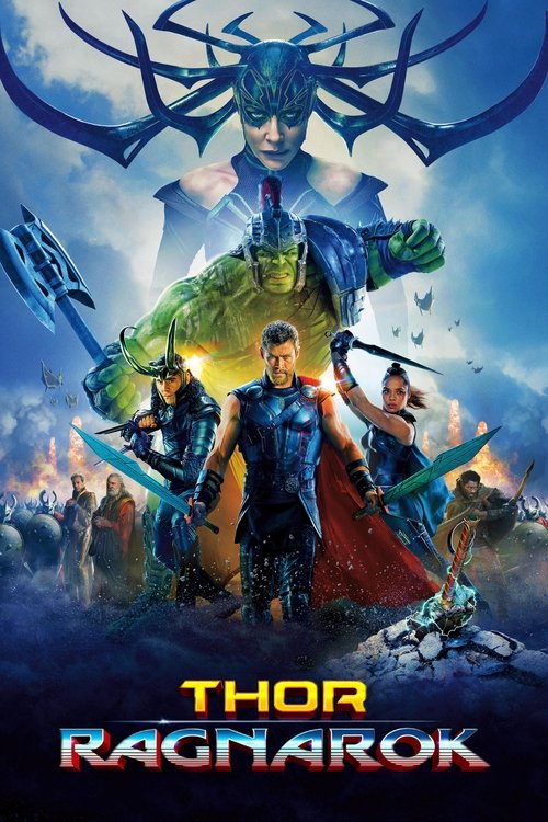 This poster showcases Thor and Ragnarok in a dynamic battle scene, with Thor's iconic armor and red cape prominently displayed. The background features dramatic clouds and fiery elements, emphasizing the epic and intense atmosphere. The vibrant colors and heroic figures convey a sense of action a...