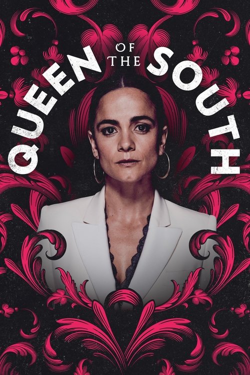 The poster features a woman with dark hair and a serious expression, wearing a white blazer against a vibrant pink and black ornate background. The title "Queen of the South" is prominently displayed in bold white letters. The overall mood is dramatic and mysterious, suggesting a powerful and int...