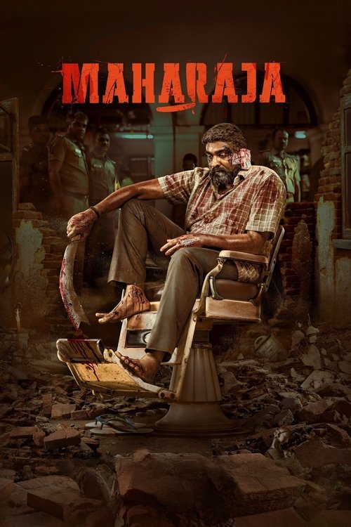 The poster depicts a somber scene with a man in a wheelchair amidst rubble, surrounded by debris and darkness. The title "Maharaja" is prominently displayed in bold, red letters at the top. The overall mood is melancholic and gritty, suggesting themes of struggle and resilience.
