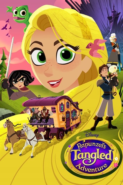 This vibrant poster features Rapunzel with her golden hair and expressive eyes, surrounded by colorful characters including a girl in a dress and a boy in a blue outfit. The scene is set in a whimsical world with a castle, horses, and a magical forest, evoking a cheerful and adventurous mood. The...