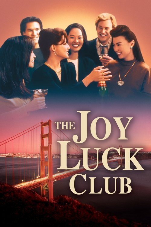 The poster features a group of five women in elegant black dresses, holding champagne glasses, exuding sophistication and joy against a warm sunset backdrop. The title "The Joy Luck Club" is prominently displayed in bold, golden lettering over the iconic Golden Gate Bridge silhouette, evoking a s...