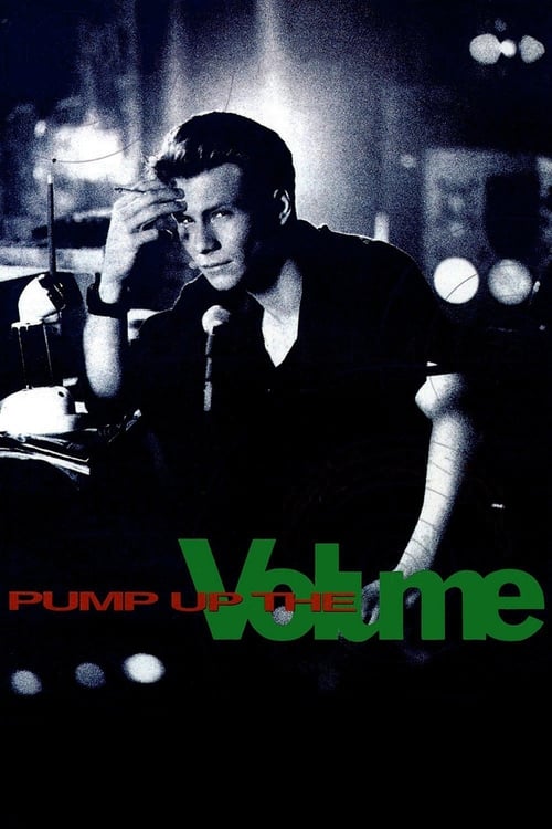 The poster features a man in a dimly lit room, holding a microphone and appearing contemplative. The title "Pump Up the Volume" is prominently displayed in bold green letters, with the word "Volume" partially obscured by the man's hand. The overall mood is mysterious and atmospheric, with bokeh l...