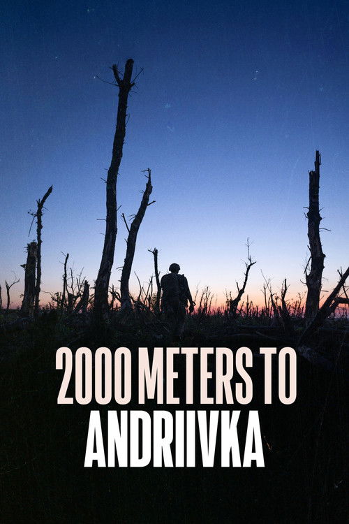 The poster features a lone figure silhouetted against a twilight sky, with a barren landscape of dead trees in the foreground. The dark, moody atmosphere evokes a sense of solitude and impending danger, while the stark white text "2000 Meters to Andriivka" anchors the image with a mysterious and ...