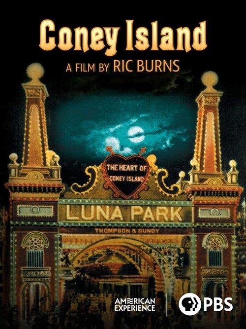 The poster features a dark, moody atmosphere with a mysterious, moonlit sky. The title "Coney Island" is prominently displayed in bold, golden letters, while the subtitle "A Film by Ric Burns" hints at the film's unique style. The central image showcases a grand, ornate building with intricate de...