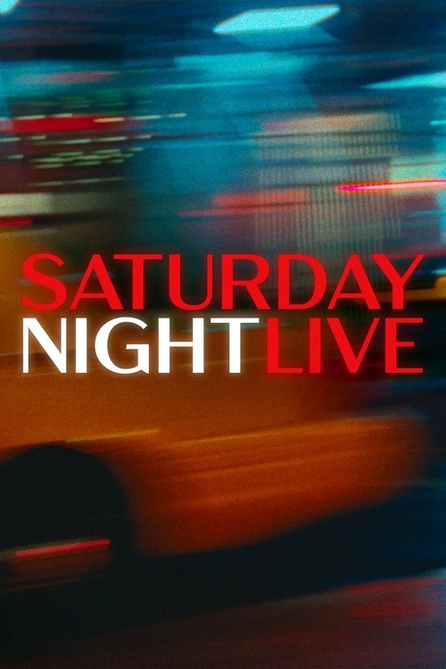 The poster features blurred figures of performers in vibrant neon lights against a dark background, evoking a lively, energetic atmosphere. The bold red text "SATURDAY NIGHT LIVE" stands out prominently, capturing the show's iconic, high-energy vibe.