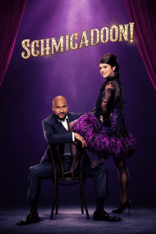 This TV show poster for "Schmigadoon!" features a glamorous black woman in a purple dress and a man in a suit sitting on a chair, both exuding elegance against a dramatic purple backdrop. The poster's bold, golden title and theatrical lighting create an exciting, high-energy atmosphere.