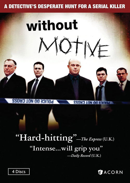 The poster features six men in suits against a dark background, creating a mysterious and suspenseful atmosphere. The title "Without Motive" is prominently displayed in bold, white letters, emphasizing the show's theme of uncovering hidden truths. The overall design conveys a sense of intrigue an...