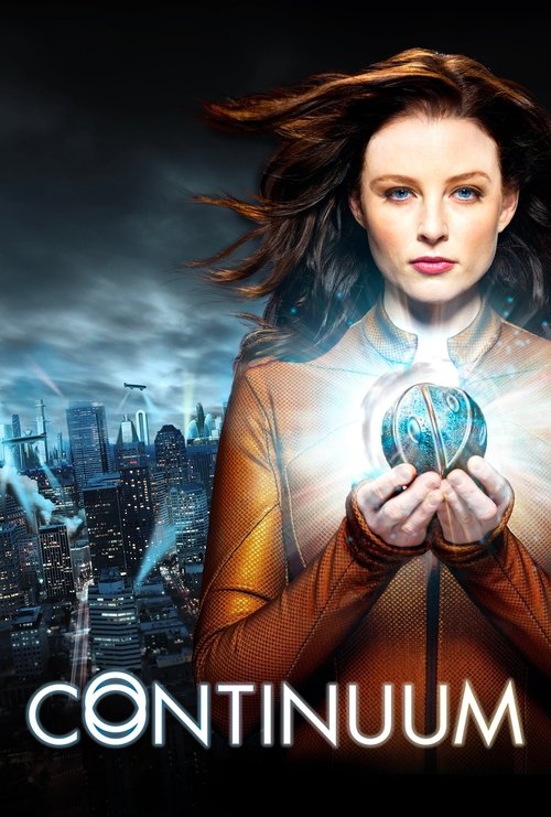A determined woman with flowing hair holds a glowing blue orb, symbolizing power and destiny. The dark, stormy sky contrasts with her bright attire, creating a dramatic mood. The cityscape in the background hints at a futuristic setting.