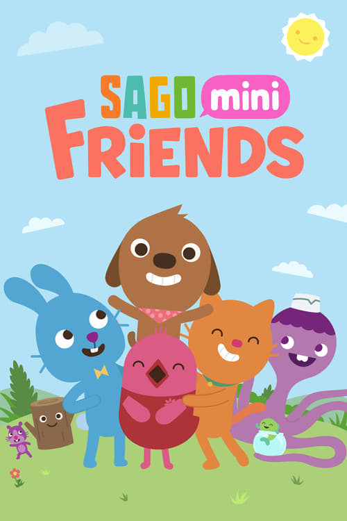 This vibrant poster features five colorful anthropomorphic animals—blue, brown, pink, orange, and purple—standing together on a sunny day. The playful, cheerful atmosphere is enhanced by bright colors and whimsical expressions, capturing the fun and friendly spirit of the show.