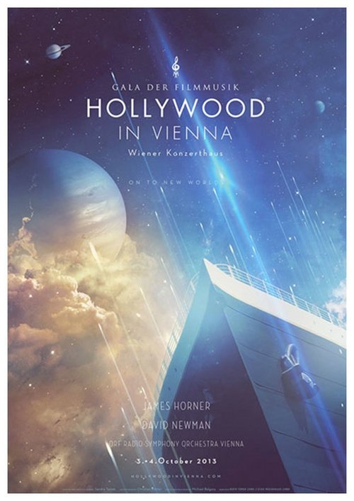 The poster features a dramatic space scene with a planet in the background, glowing with warm and cool tones. A bright light beam cuts through the clouds, symbolizing the film's epic journey. The title "Hollywood in Vienna" is prominently displayed, hinting at the blend of Hollywood's glamour and...