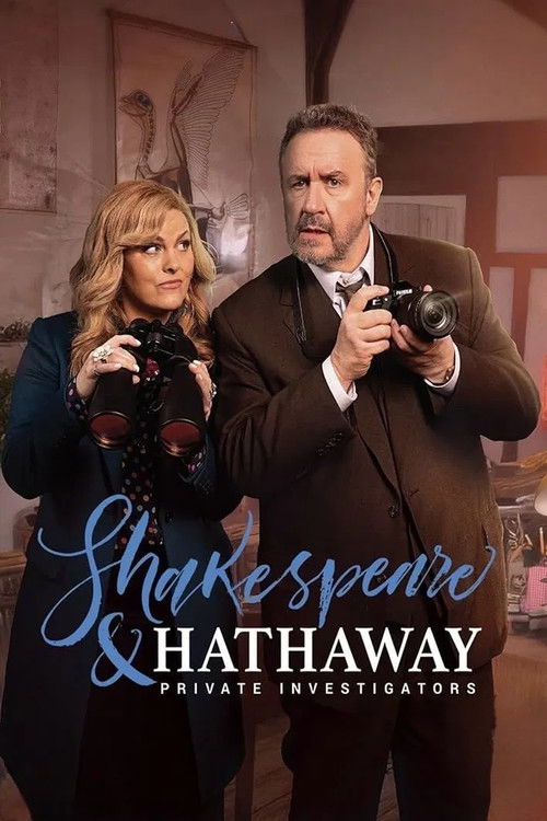 The poster features two detectives in formal attire, one with a confident smirk and the other with a serious expression, both holding cameras. The warm, golden lighting creates an intriguing atmosphere, while the elegant script and bold typography emphasize the Shakespearean theme.