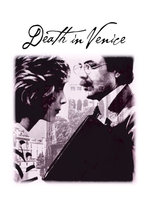 The poster features a black-and-white image of two men in conversation, with one looking intently at the other. The title "Death in Venice" is elegantly written at the top in cursive script. The mood is mysterious and dramatic, evoking the classic noir aesthetic of the film.