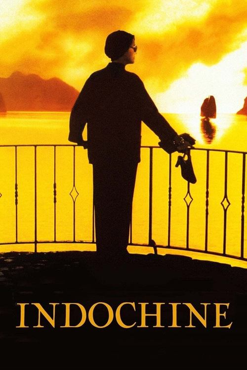 The silhouette of a man stands against a vibrant sunset, holding a bag of chips. The warm, golden hues of the sky and the dark silhouette create a moody, contemplative atmosphere. The title "Indochine" is prominently displayed at the bottom, suggesting a blend of cultural and personal themes.