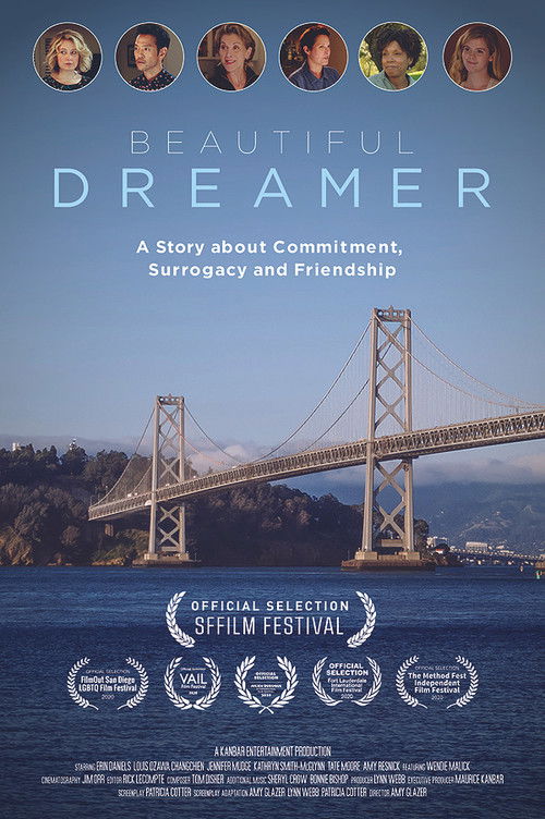 The poster features six round portraits of diverse individuals at the top, set against a serene backdrop of the Golden Gate Bridge. The film's title, "Beautiful Dreamer," is prominently displayed in elegant typography. The overall composition exudes a sense of hope and connection, with a calming ...