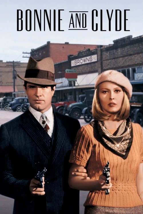 The poster features Bonnie and Clyde in a gritty, urban setting. Bonnie wears a brown hat and dark suit, while Clyde sports a beige hat and orange sweater. The warm tones of their clothing contrast with the muted background, evoking a noir atmosphere.