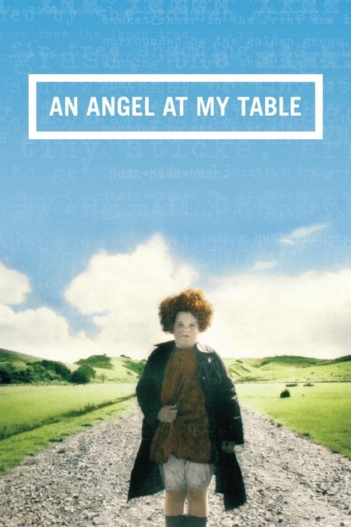 The poster features a woman with curly red hair standing on a gravel path in a lush green countryside. She wears a dark coat and light shorts, exuding a sense of quiet determination. The sky is bright blue with fluffy white clouds, creating a serene and hopeful atmosphere. The title "An Angel at ...