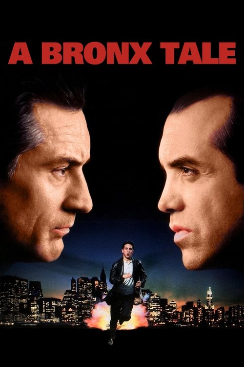 The poster features two men in profile against a dark city skyline at night, with a man in a suit standing in the center. The title "A Bronx Tale" is prominently displayed in bold red letters. The mood is intense and dramatic, capturing the essence of the film's gritty and action-packed narrative.