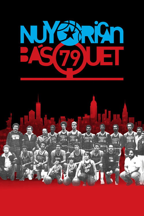 This movie poster for "Nuyorican Básquet" features a striking black-and-white photograph of basketball players in a group, set against a bold red and blue urban skyline. The bold typography and vibrant colors create a dynamic and energetic atmosphere, suggesting a fun and spirited basketball game.
