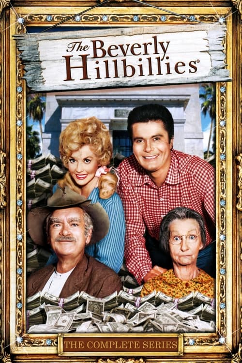 The Beverly Hillbillies poster features four characters in a warm, nostalgic scene with rich colors like reds, browns, and golds. The mood is cheerful and inviting, capturing the essence of classic American rural life.