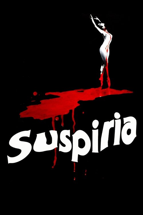A chilling horror poster featuring a pale woman standing atop a dripping red blood puddle, with the title "Suspiria" in bold white letters against a stark black background. The eerie atmosphere and unsettling imagery evoke a sense of dread and suspense.