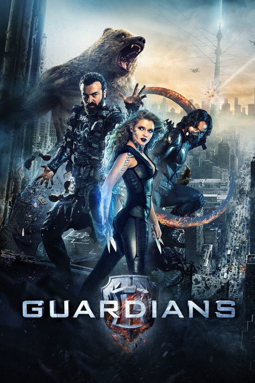 The poster features a dramatic scene with four characters in action poses against a dark, stormy backdrop. The central female character stands confidently with a glowing blue aura, while the male figure behind her exudes strength. The color palette is dominated by deep blues, blacks, and fiery or...