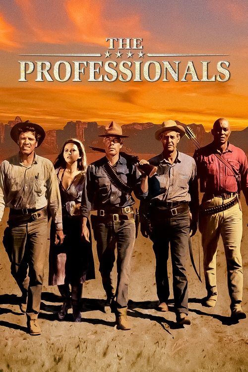 The movie poster features a group of five men in western attire standing against a dramatic sunset backdrop. The warm, golden hues of the sky create a moody and adventurous atmosphere, while the rugged clothing and confident expressions evoke a sense of camaraderie and professional spirit.