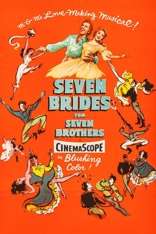 This vibrant poster features seven colorful brides in dynamic poses against a bright orange background, exuding a lively and theatrical mood. The title "Seven Brides for Seven Brothers" is prominently displayed in bold blue letters, emphasizing the film's unique narrative about seven brides and s...