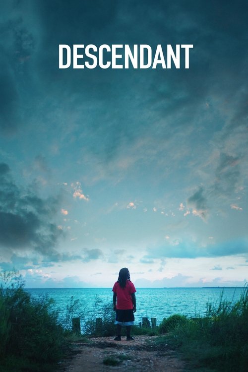 The poster features a lone figure in a red coat standing on a dirt path by the ocean, gazing into a dramatic sky filled with swirling clouds. The muted blues and greens of the water and sky evoke a somber, reflective mood, suggesting themes of loss and introspection.