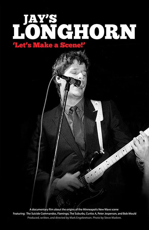 The black-and-white image captures Jay's Longhorn performing on stage, with a passionate musician singing into a microphone while playing an electric guitar. The poster features bold typography and evokes a gritty, authentic atmosphere.