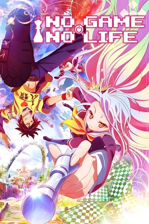 The poster features vibrant, colorful anime characters in dynamic poses against a bright, dreamy background. The title "No Game No Life" is prominently displayed at the top in bold, stylized lettering. The overall mood is energetic and whimsical, capturing the essence of the show's unique blend o...