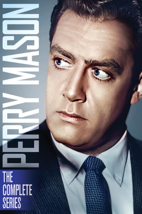 The poster features Perry Mason, a stern detective with intense eyes, wearing a sharp suit and tie. The muted blue background contrasts with his dark hair and serious expression, creating a moody atmosphere. The text "THE COMPLETE SERIES" is displayed in white, emphasizing the show's full scope.