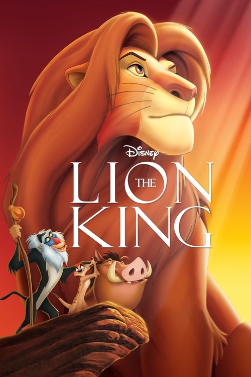 This vibrant poster features the beloved animated characters from "The Lion King" in a warm, golden sunset scene. The majestic lion, with his expressive eyes and gentle smile, dominates the frame, while smaller figures like Simba and Rafiki add depth and character. The rich orange and red hues ev...