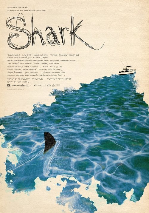 This movie poster for "Shark" features a dramatic scene with a shark swimming through choppy blue waters, evoking a sense of danger and mystery. The title "Shark" is prominently displayed in bold, stylized letters, while a small boat adds a sense of scale and intrigue. The muted color palette enh...