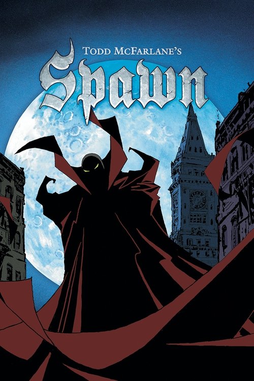 The poster features a dark, ominous figure in a flowing red cape against a moonlit backdrop. The title "Spawn" glows in eerie blue, while the silhouette of a castle looms in the background. The overall mood is suspenseful and foreboding, capturing the essence of the supernatural horror genre.