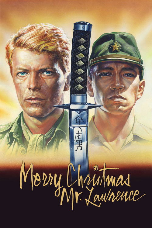 This movie poster features two men in military uniforms, one with blonde hair and the other with a green cap, standing against a warm, golden background. The sword between them adds a dramatic and heroic tone. The title "Merry Christmas, Mr. Lawrence" is elegantly written at the bottom. The overa...