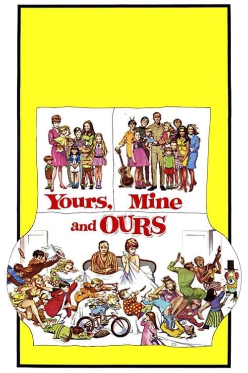 This vibrant poster features a lively group of diverse people in colorful clothing, exuding a sense of community and celebration. The bold red text "Yours, Mine and Ours" stands out against the bright yellow background, emphasizing the theme of shared experiences. The dynamic composition suggests...