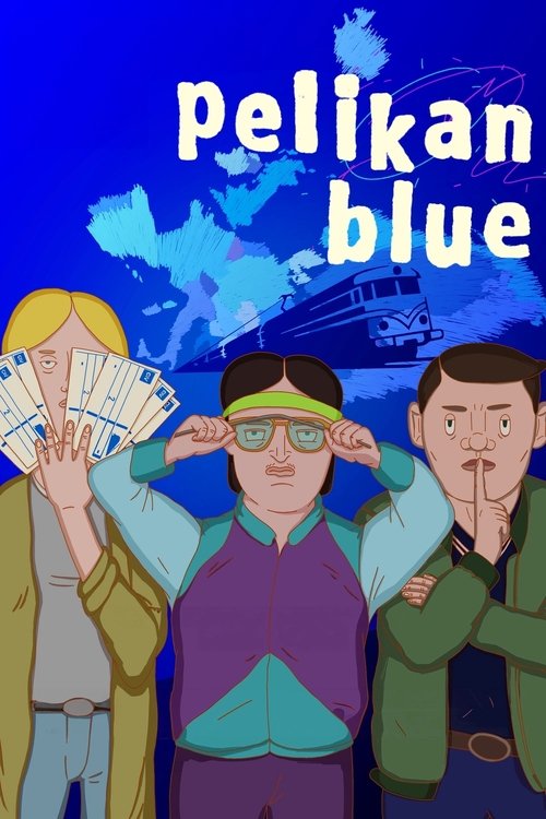 This vibrant poster features three animated characters against a deep blue background, evoking a sense of humor and camaraderie. The characters are depicted with expressive faces and dynamic poses, suggesting a lively and engaging narrative. The bold white text "pelikan blue" stands out prominent...
